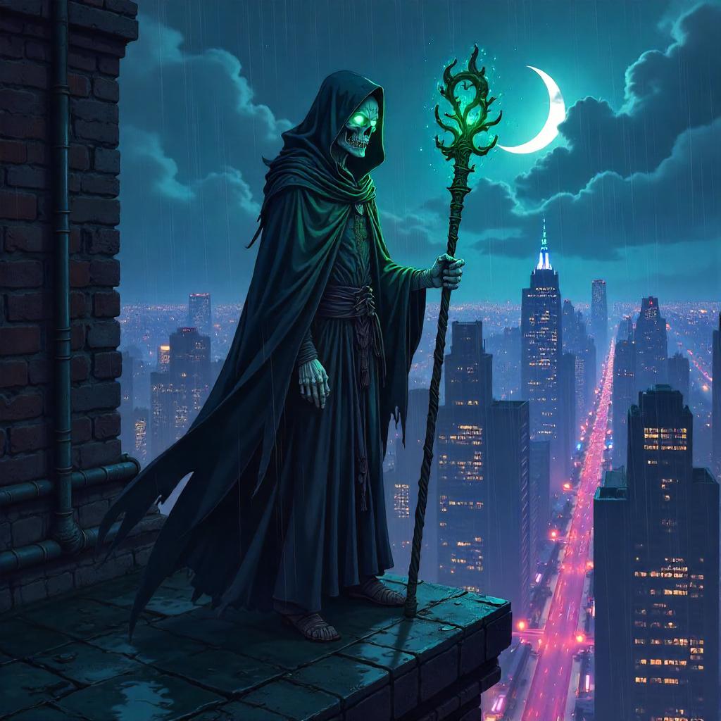 Rooftop Lich in Neon Anime Night