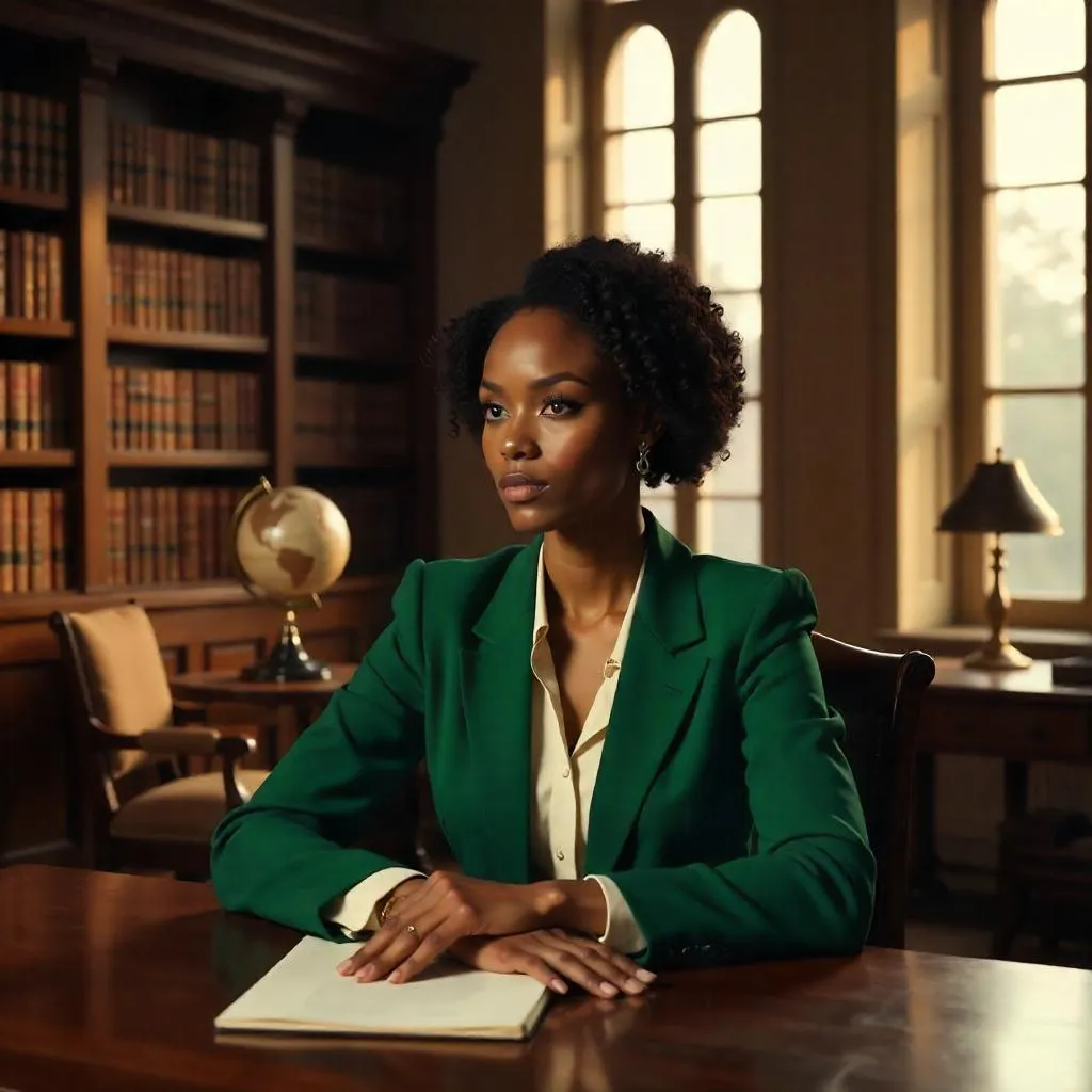 Elegant Black Woman in a Photorealistic Library