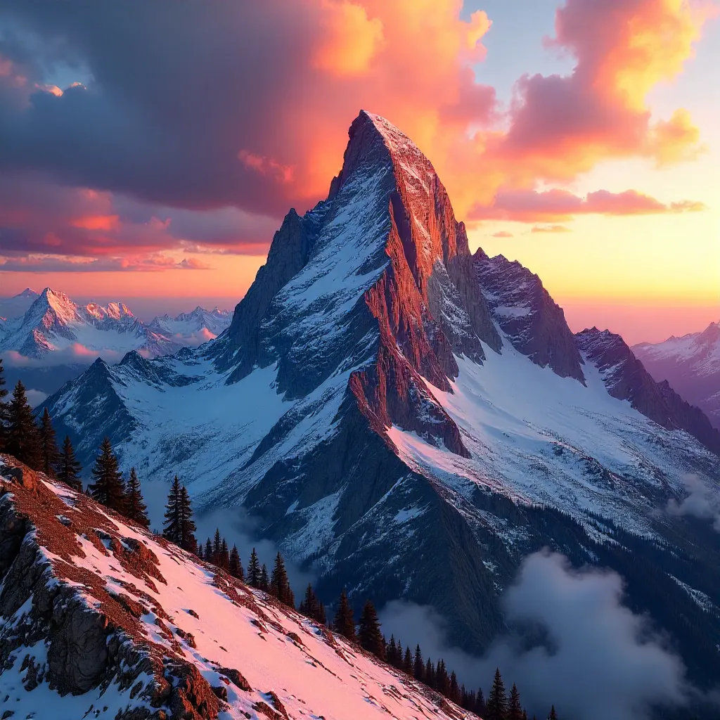 Sunset Summit: Rugged Peak Beneath Fiery Clouds