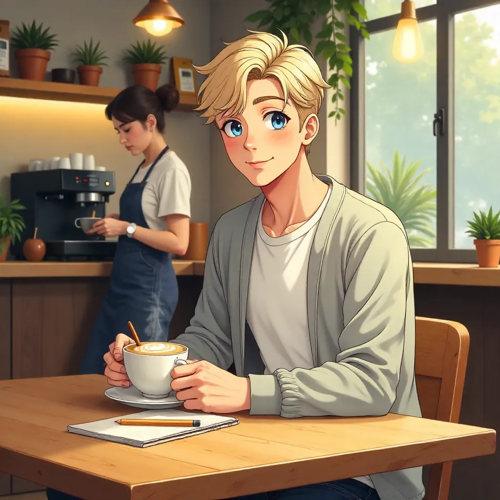 Anime-Style Young White Man in a Coffee Shop
