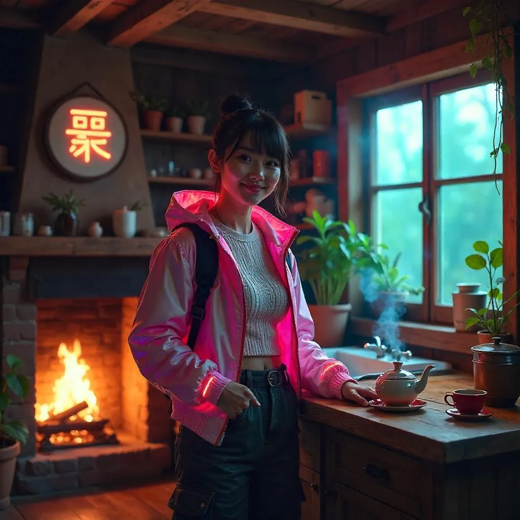 Cheerful Cyberpunk Woman in a Cozy Cottage