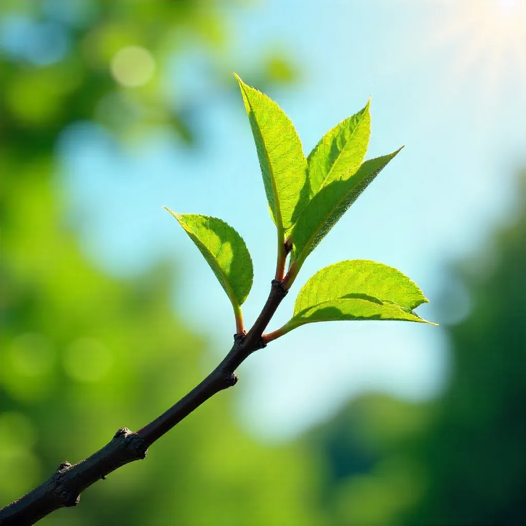Close-Up Branch with Fresh Green Leaves Reaching Sky