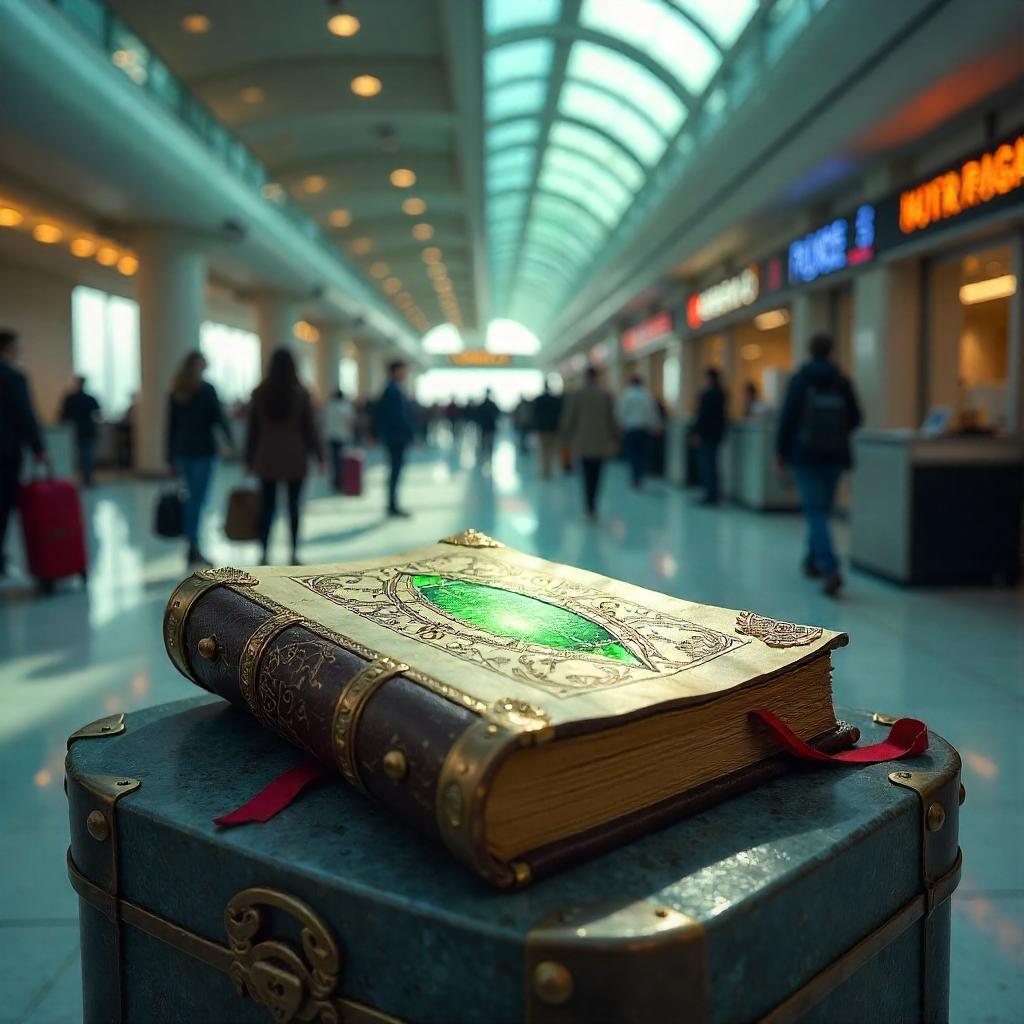 Mystical Photorealistic Tome in a Modern Airport Terminal
