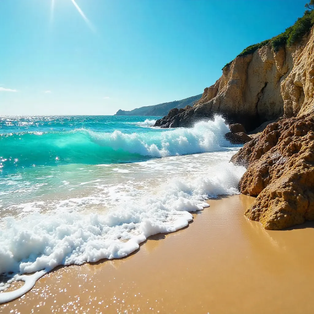 Turquoise Waves Crashing on a Rocky Beach
