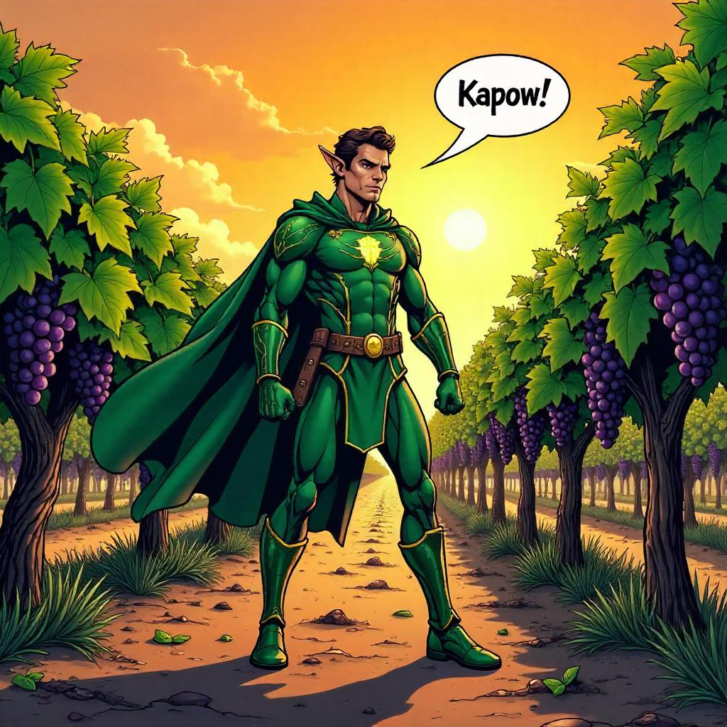 Elven Hero in a Sunset Vineyard: Comic Book Style