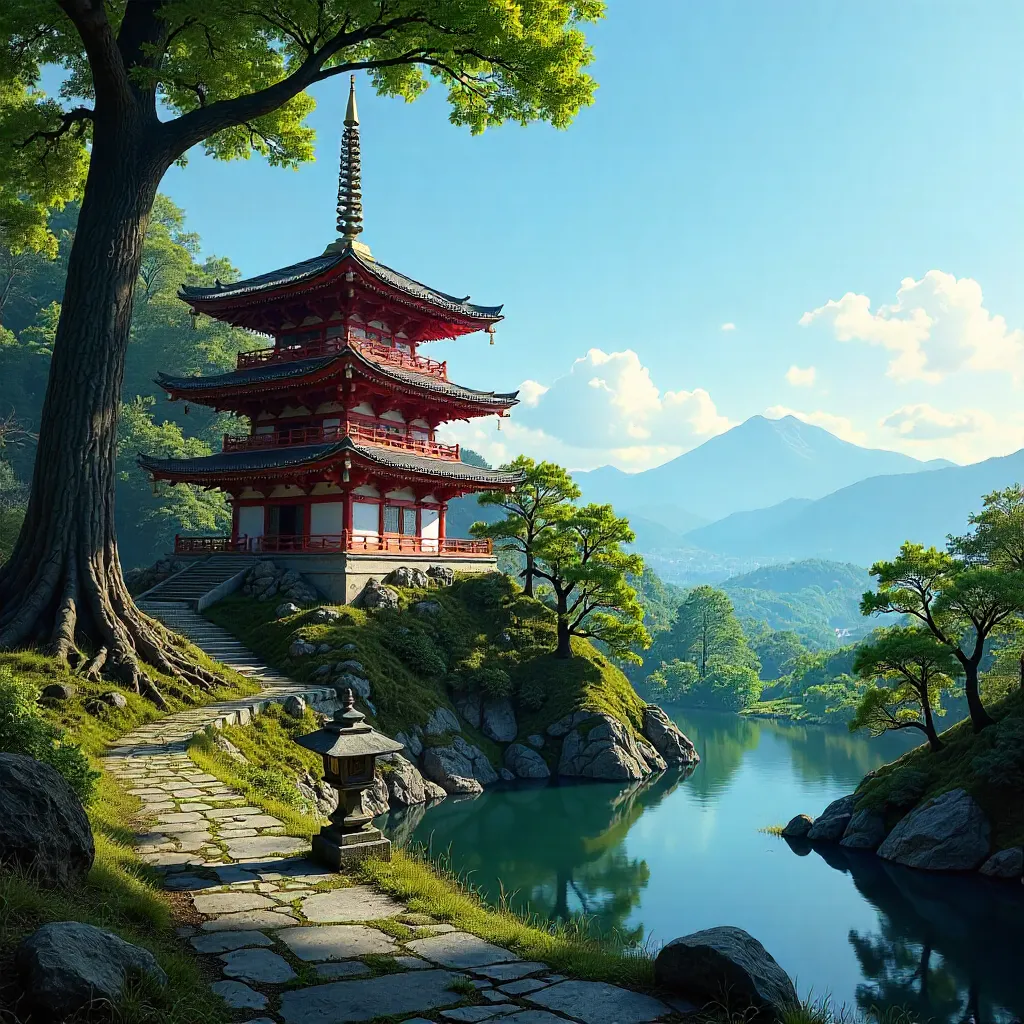 Serene Kyoto Forest and Pagoda under Clear Sky