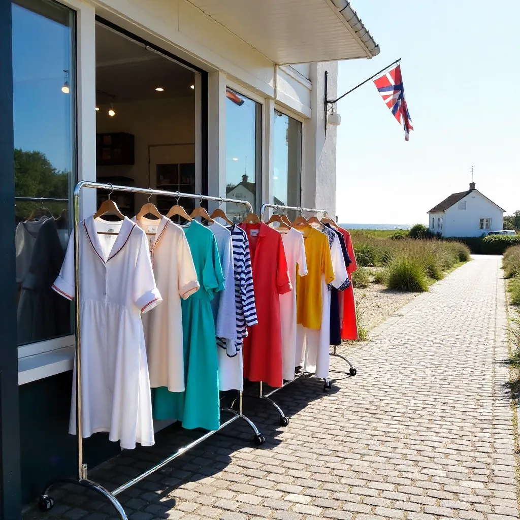 Sunlit Clothing Racks Outside a Løkken Boutique