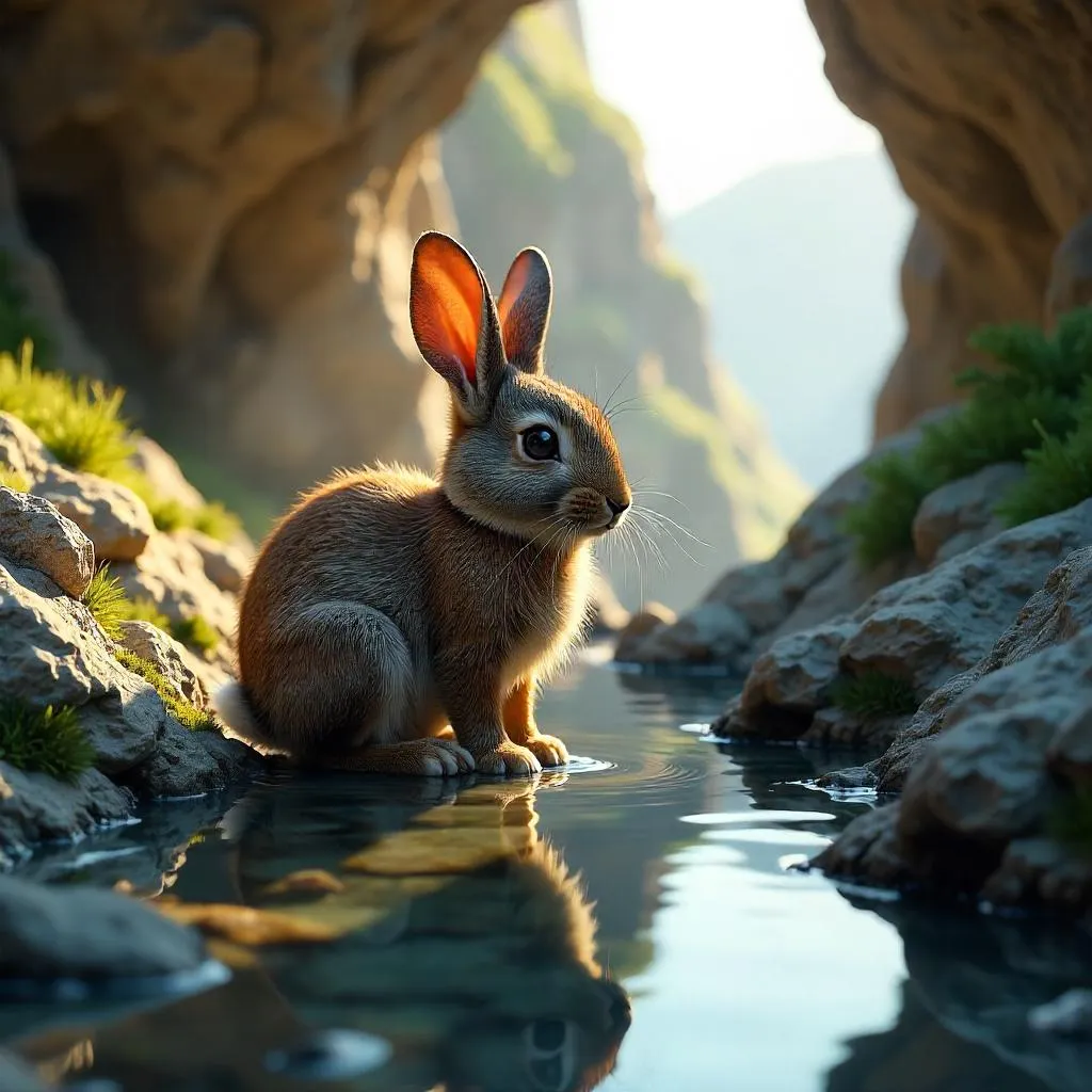 Photorealistic 3D Rabbit in a Mountain Cave
