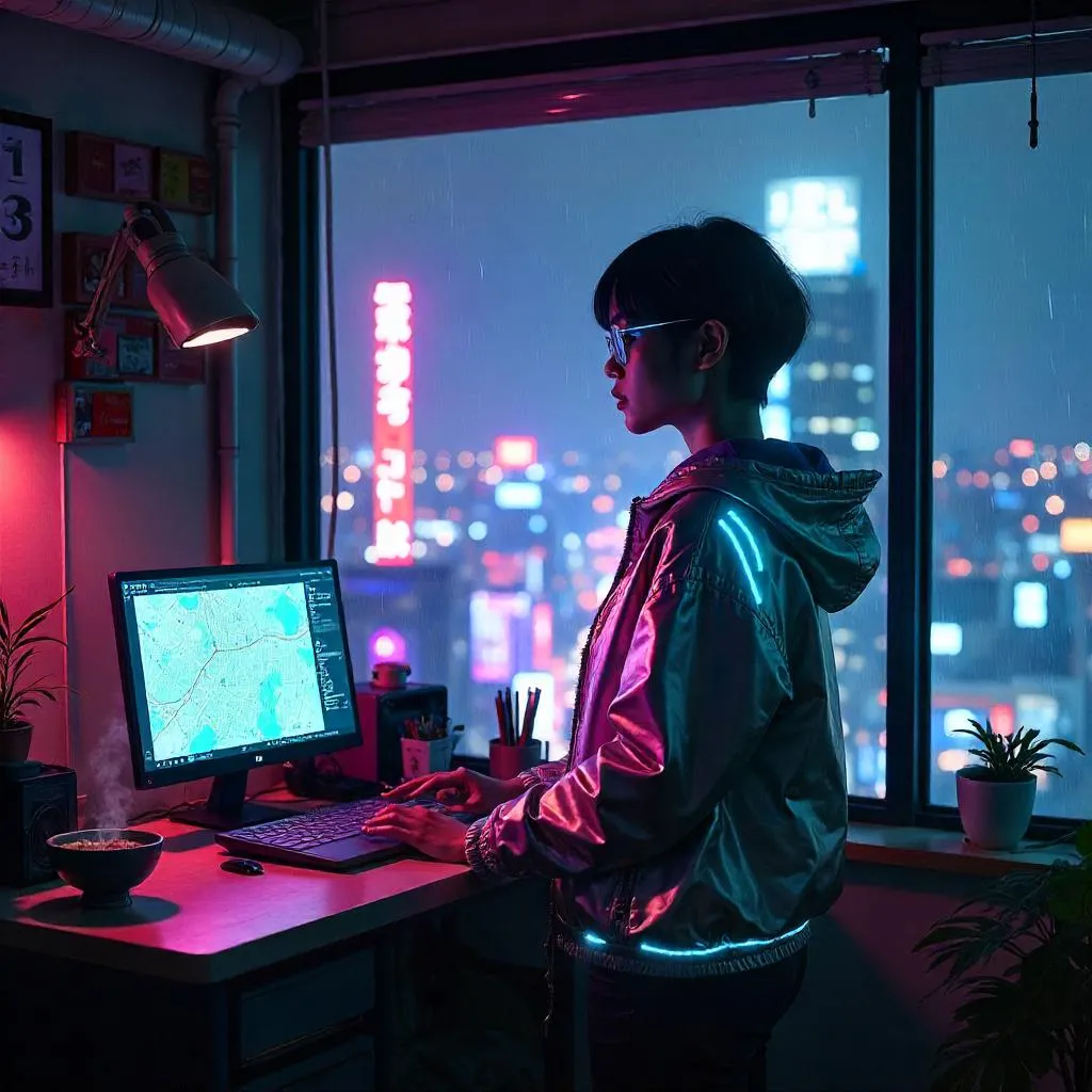 Neon Rain in a Cyberpunk Apartment: Young Asian Woman