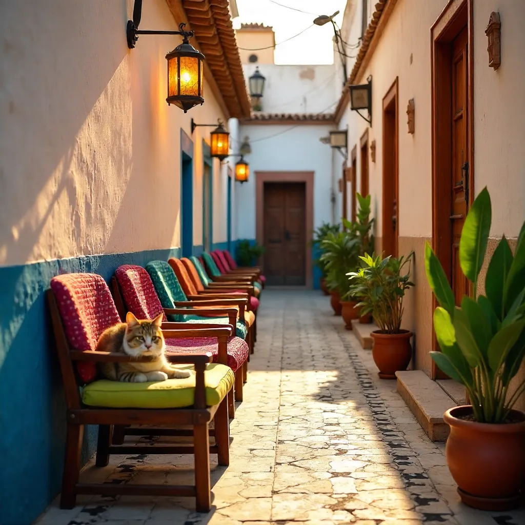Charming Marrakech Alley with Cat on Colorful Chairs