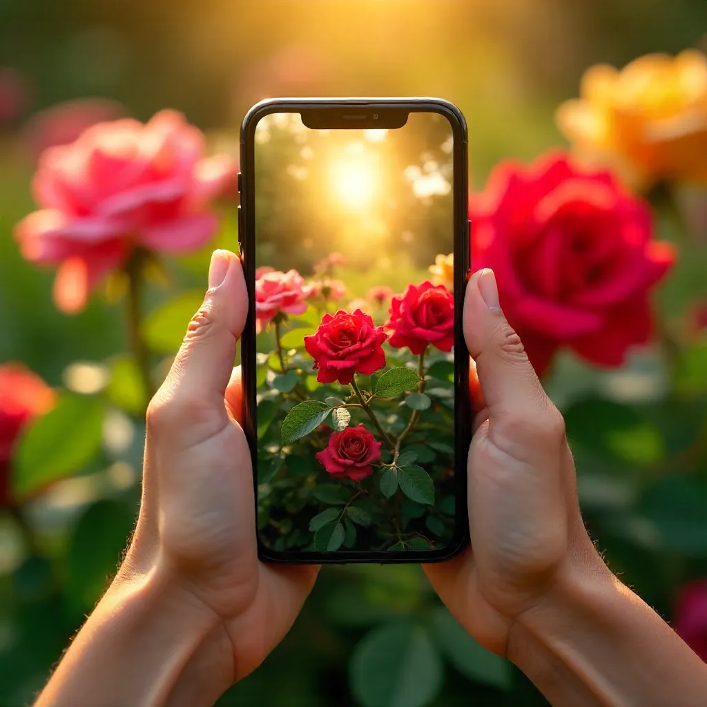 Hands Photographing Vibrant Rose Garden in Sunlight