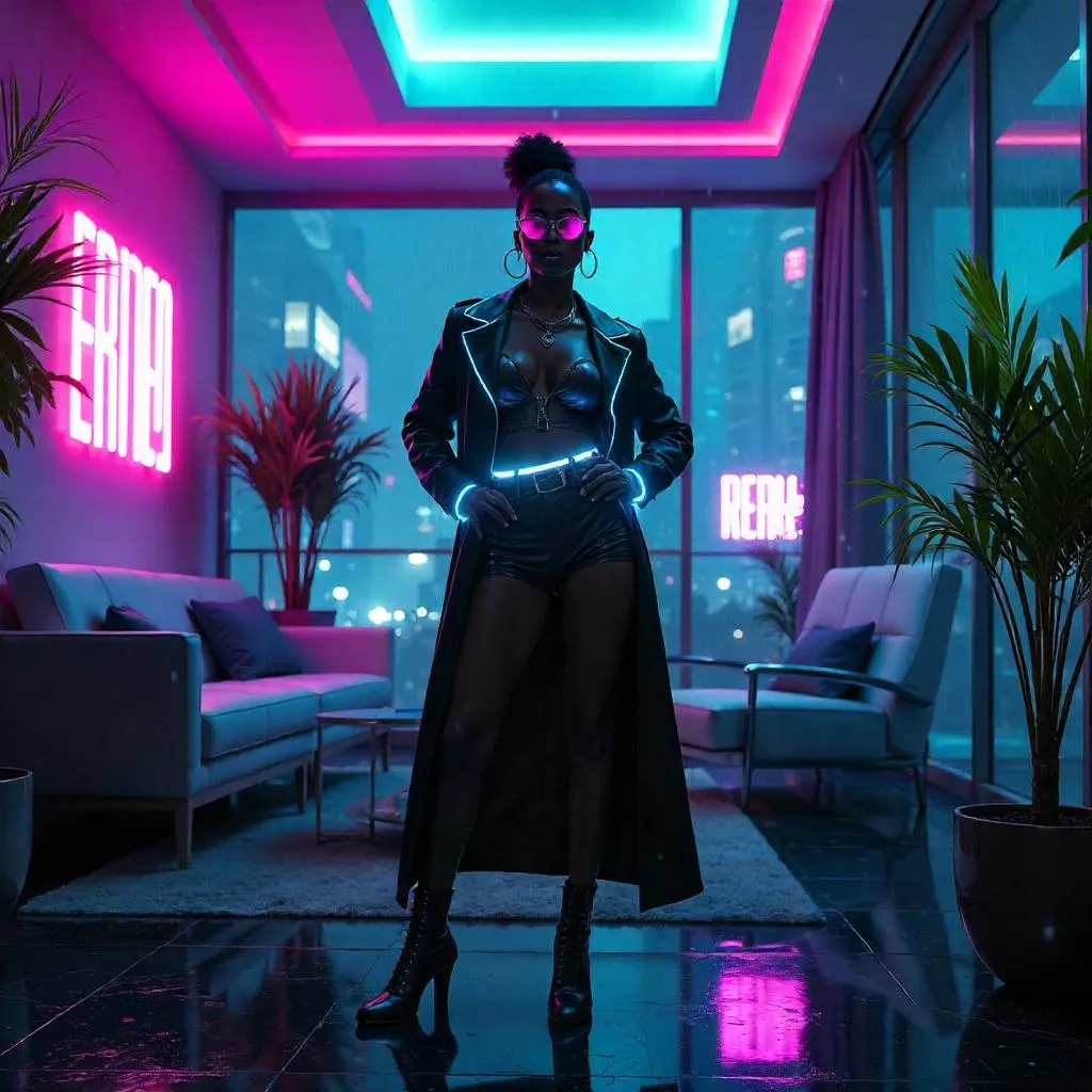 Cyberpunk Queen in a Neon Villa