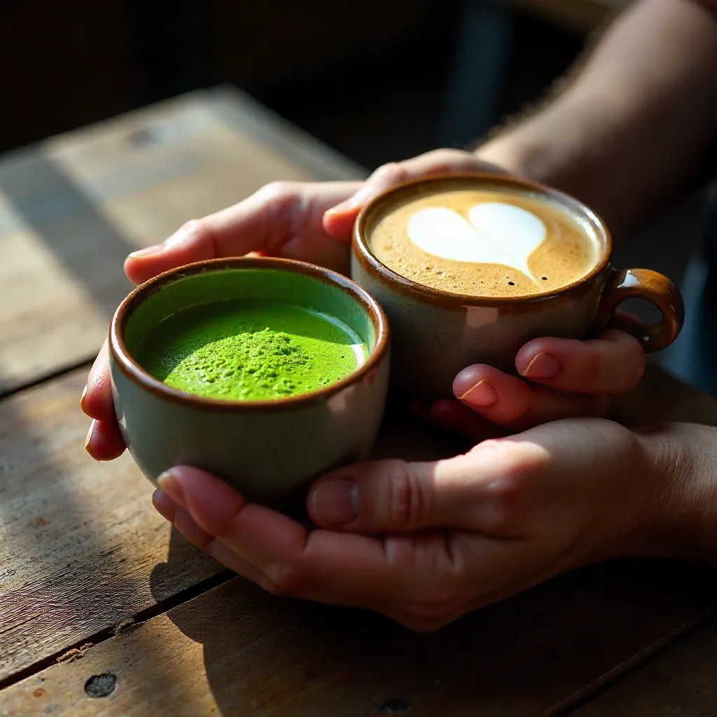 Close-Up Hands with Matcha and Latte Cups on Rustic Table