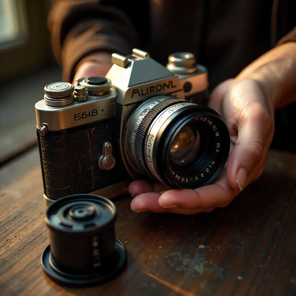 Close-Up of a Vintage Film Camera and Roll
