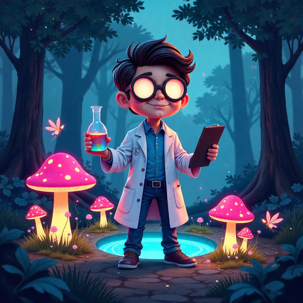 Cartoon Scientist in a Fairy Mushroom Ring