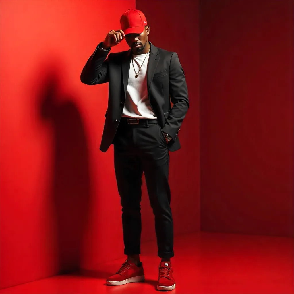 Red Room Editorial: Modern Fashion Pose in Red Sneakers
