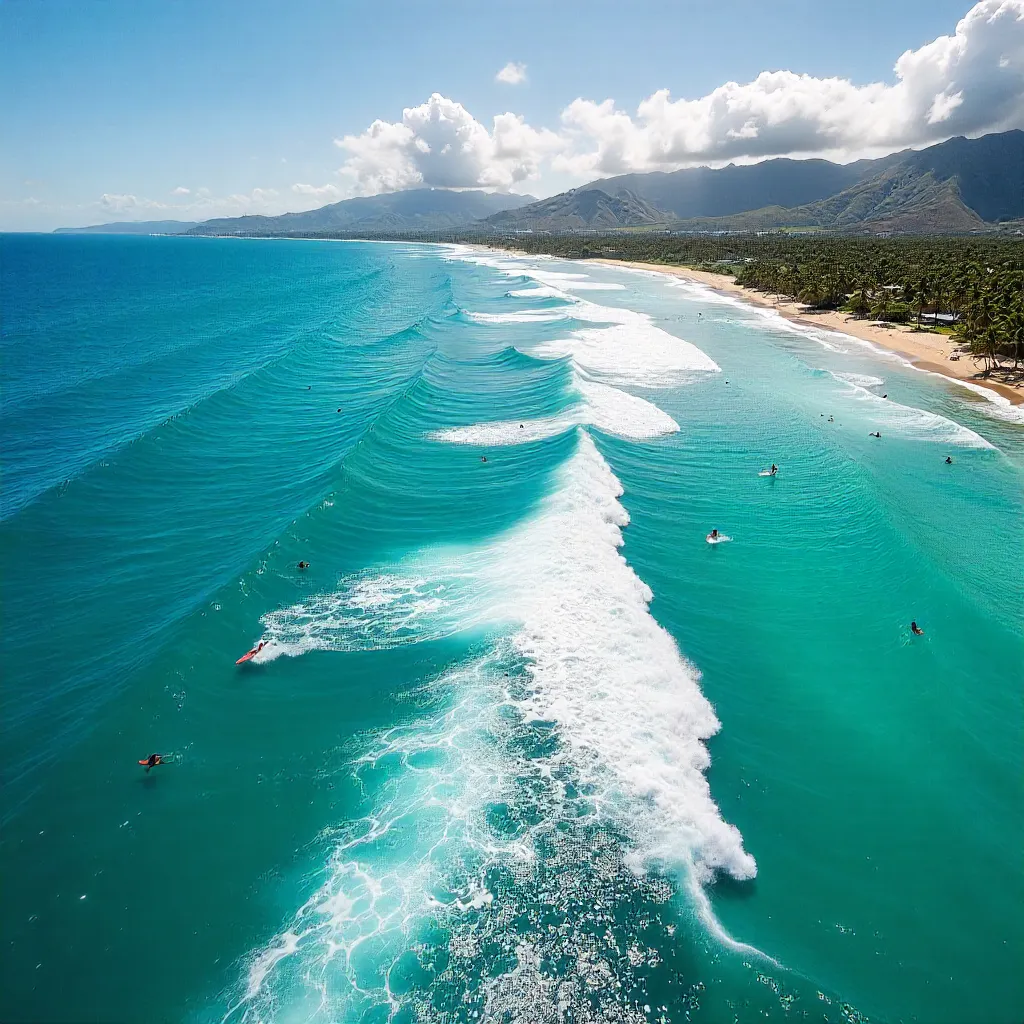 Aerial Surfers over Crystal Hawaiian Ocean