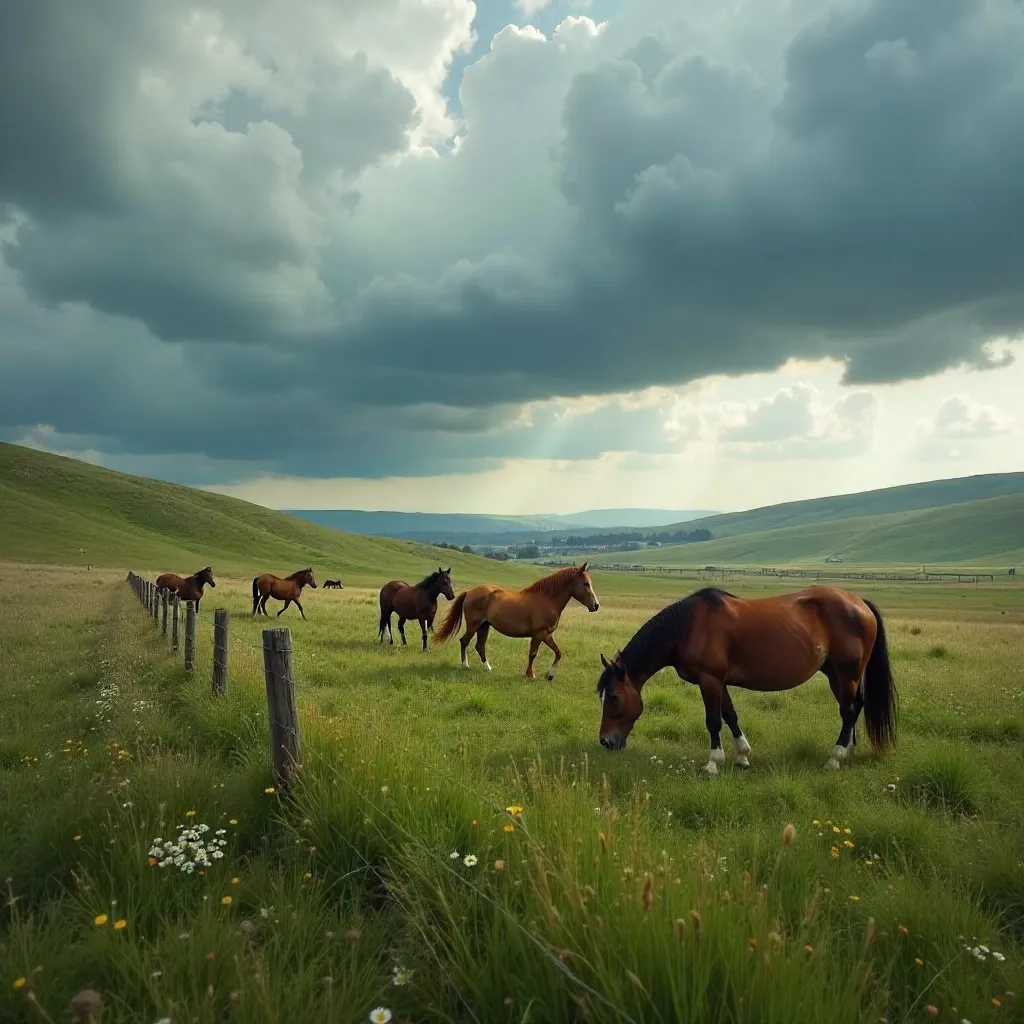 Group of Brown Horses on Vast Cloudy Pasture