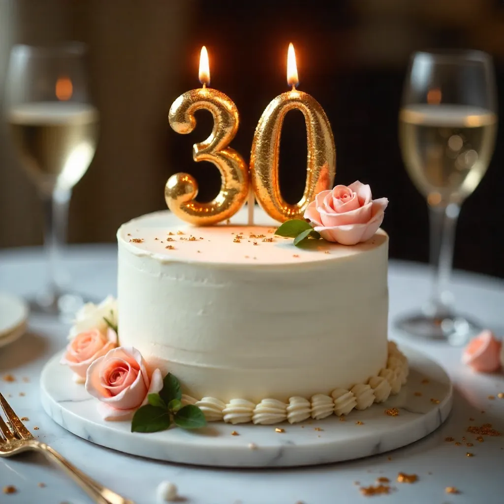Elegant 30th Birthday Cake with Lit Candles