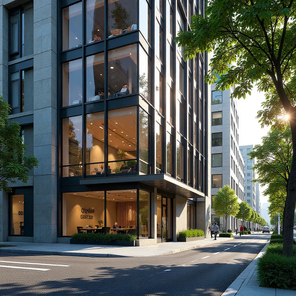 Contemporary Office Facade on Tree-Lined Street