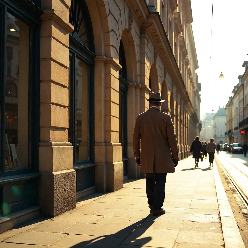 Sunlit Düsseldorf Street: Man in a Hat Walks By
