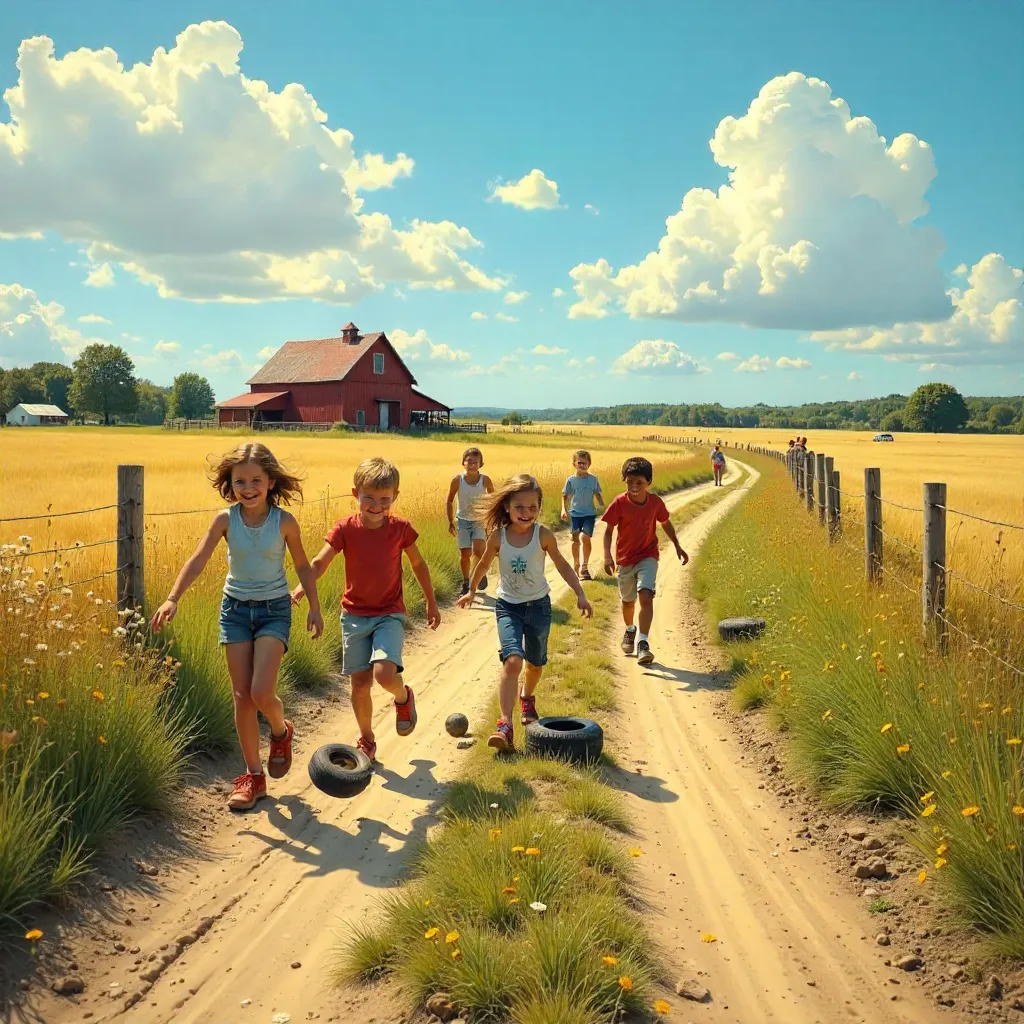 Kids Enjoying Tire-Game on a Sunny Country Path