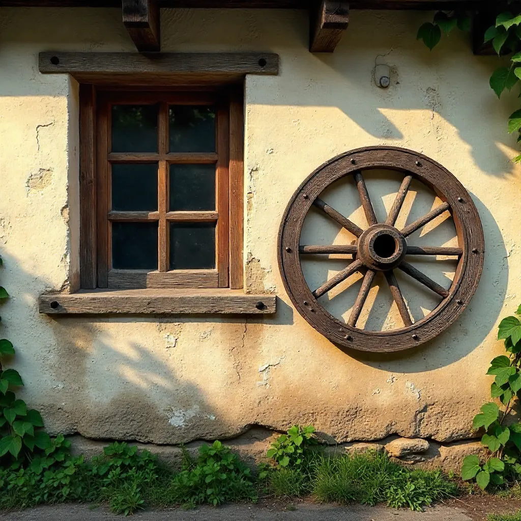 Quaint Rustic Cottage Wall with Wagon Wheel