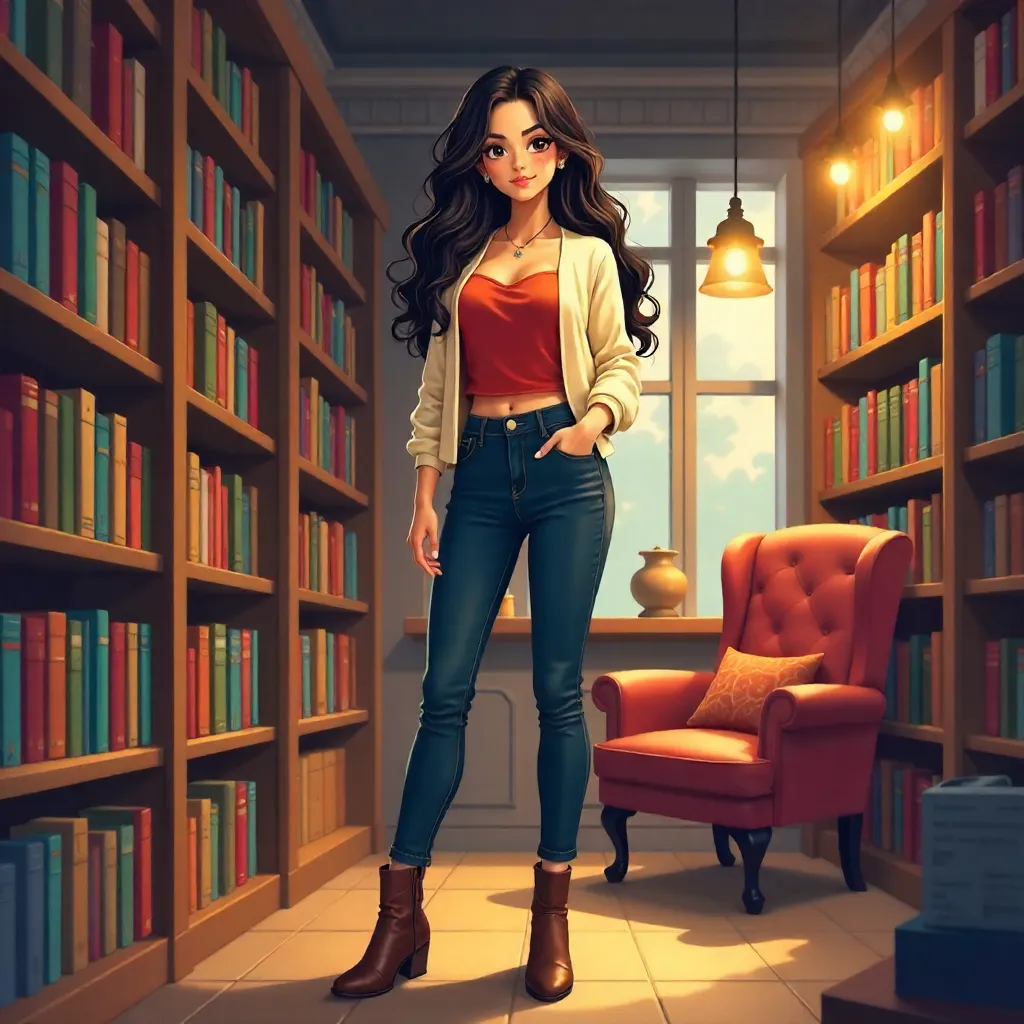 Stylish Latina in an Anime Bookstore