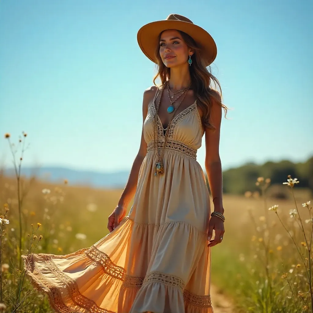 Elegant Bohemian Woman Outdoors under Clear Sky