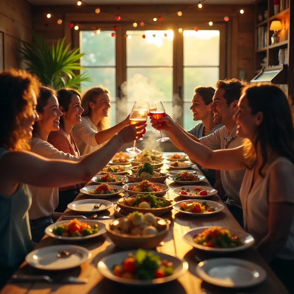 Cheering Friends Around a Delicious Meal