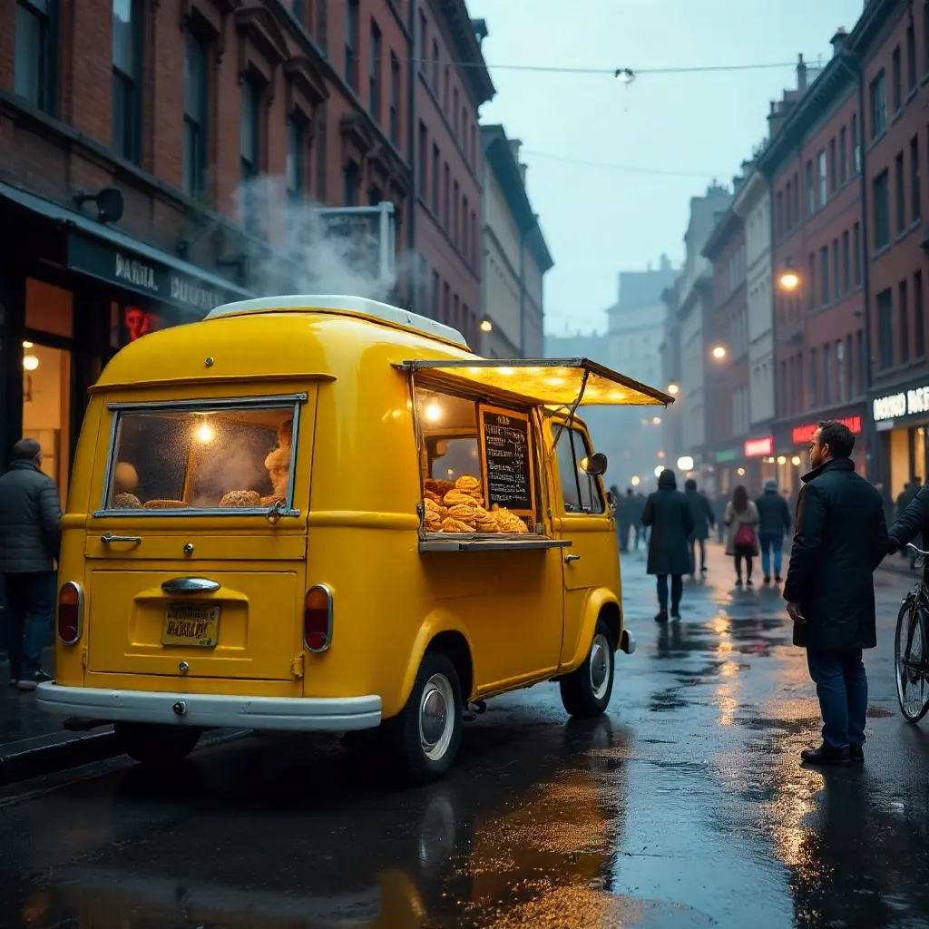 Vibrant Yellow Waffle Van in a Cloudy City