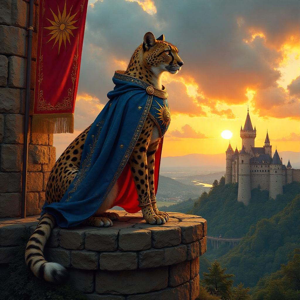Regal Cheetah in a Medieval Digital Tapestry