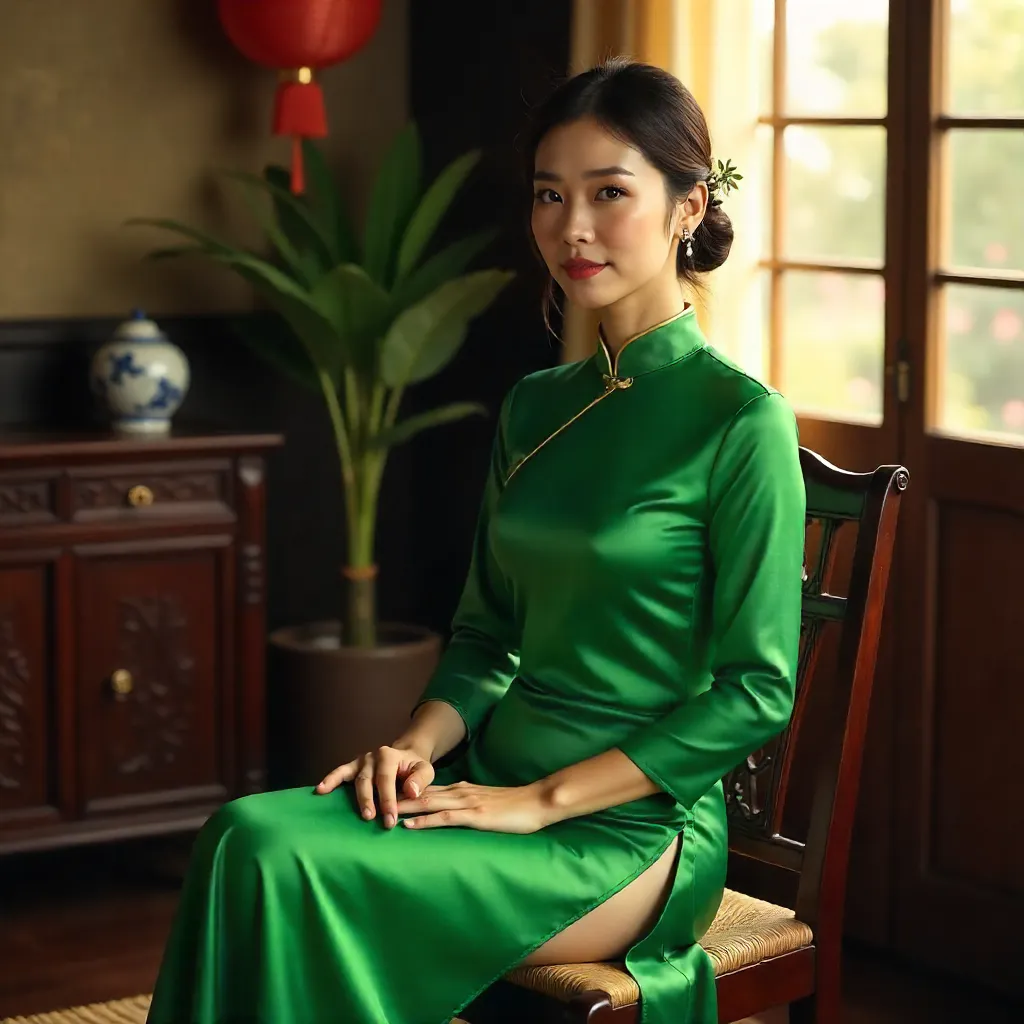 Portrait of a Vietnamese Woman in a Green Ao Dai Indoors