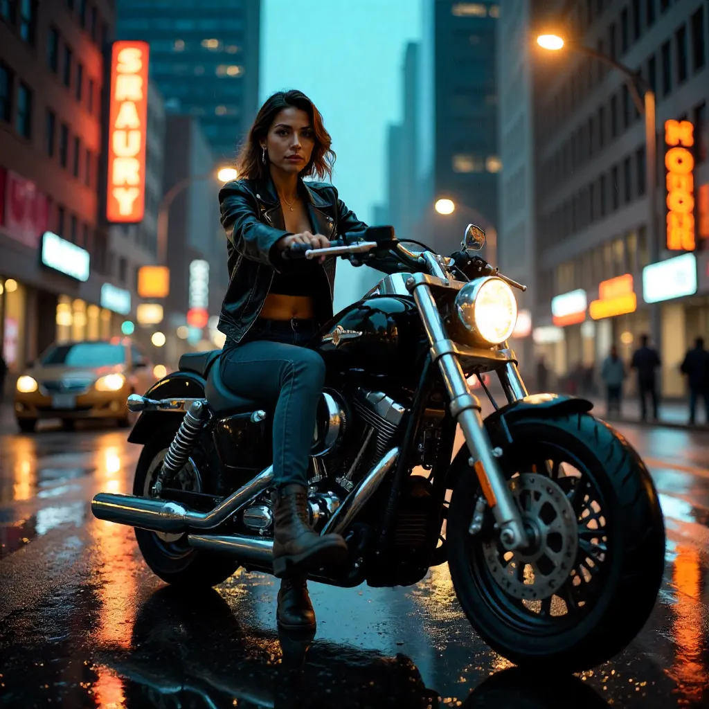 Confident Woman on a City Motorcycle at Dusk