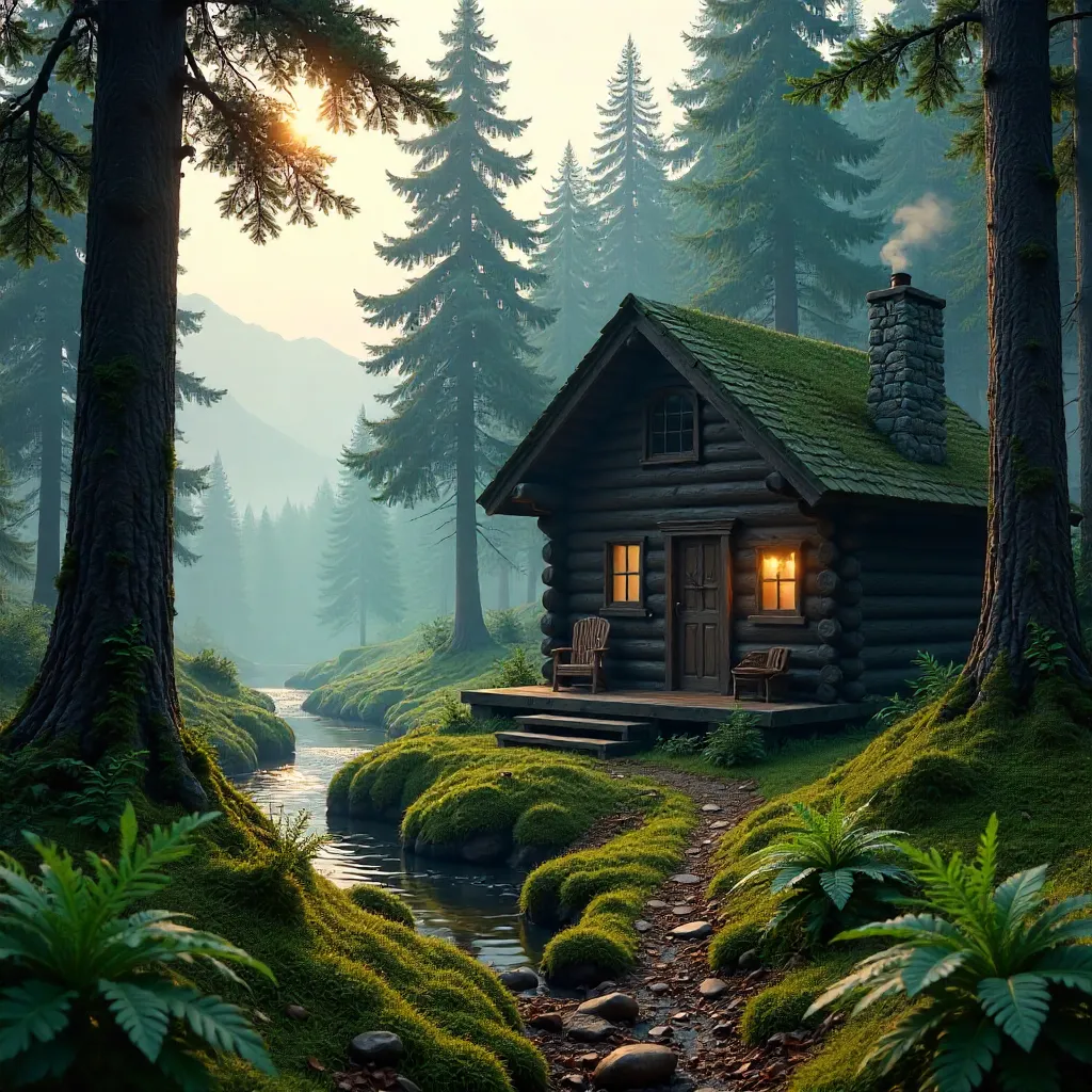 Secluded Cabin Amid Towering Misty Forest