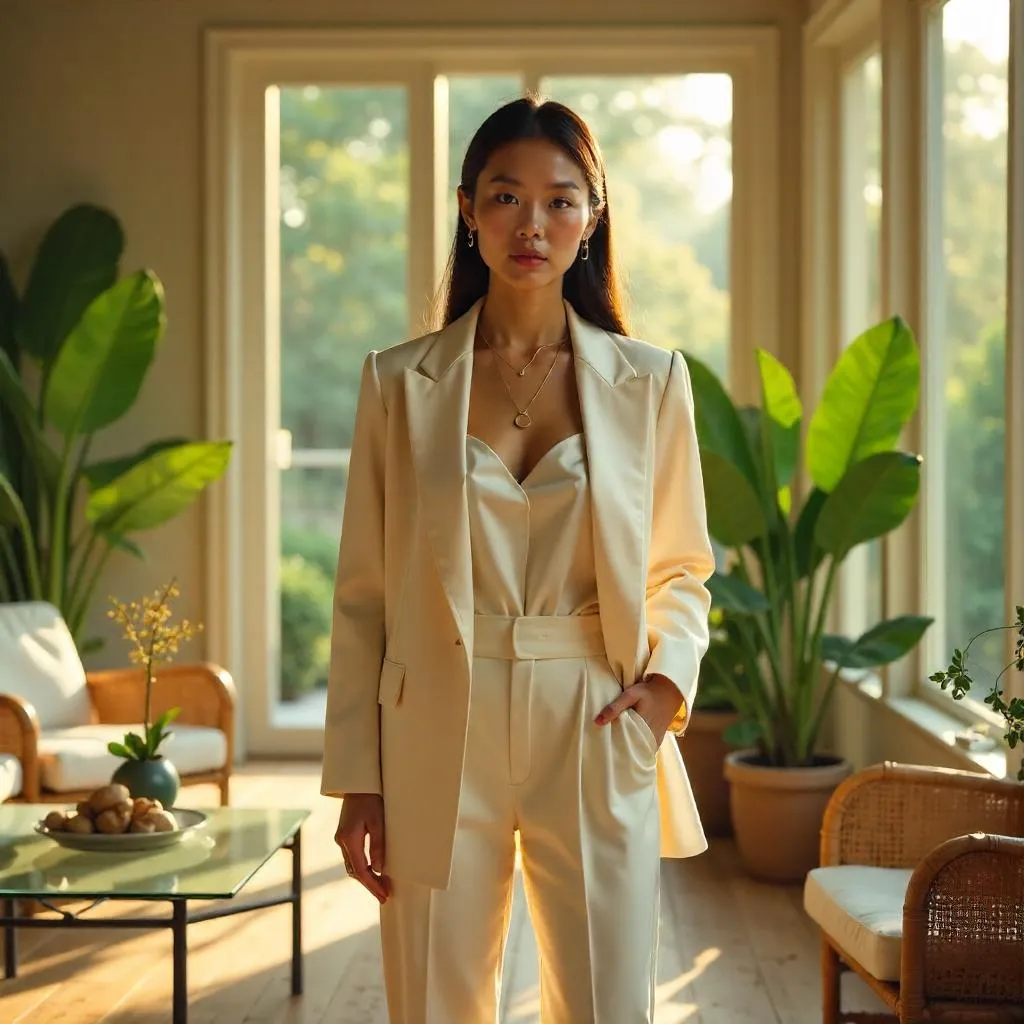 Sunlit Sunroom Concept: Stylish Asian Woman