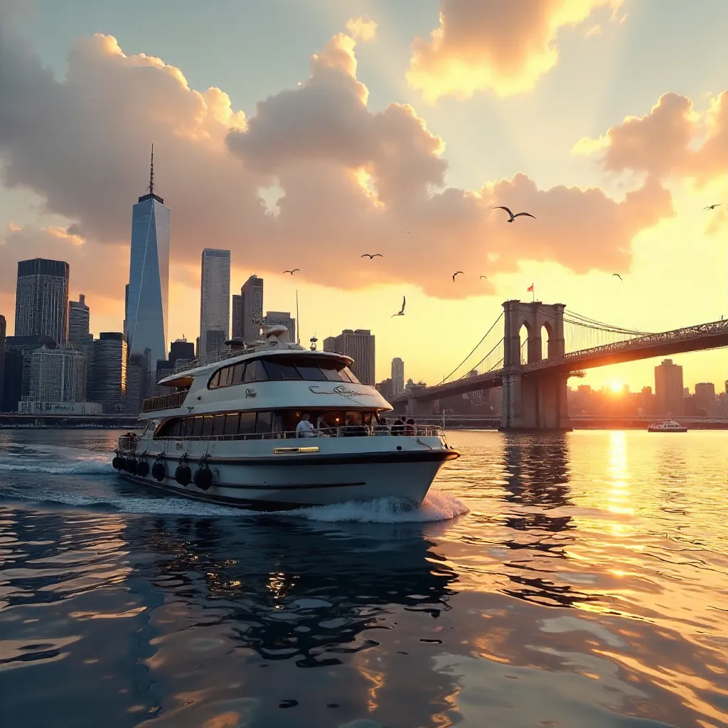 Golden Hour Ferry over NYC Skyline and Bridge