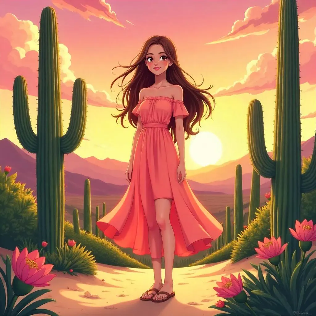 Desert Radiance: Anime Woman Among Cacti