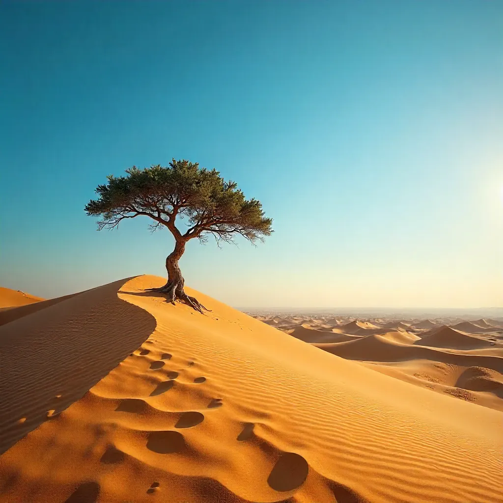 Solitary Tree on Sharjah Desert Dunes Under Blue Sky
