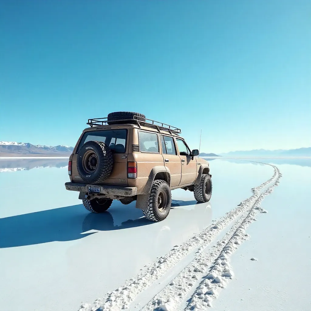 Lone Vehicle on Uyuni's Reflective Salt Flats