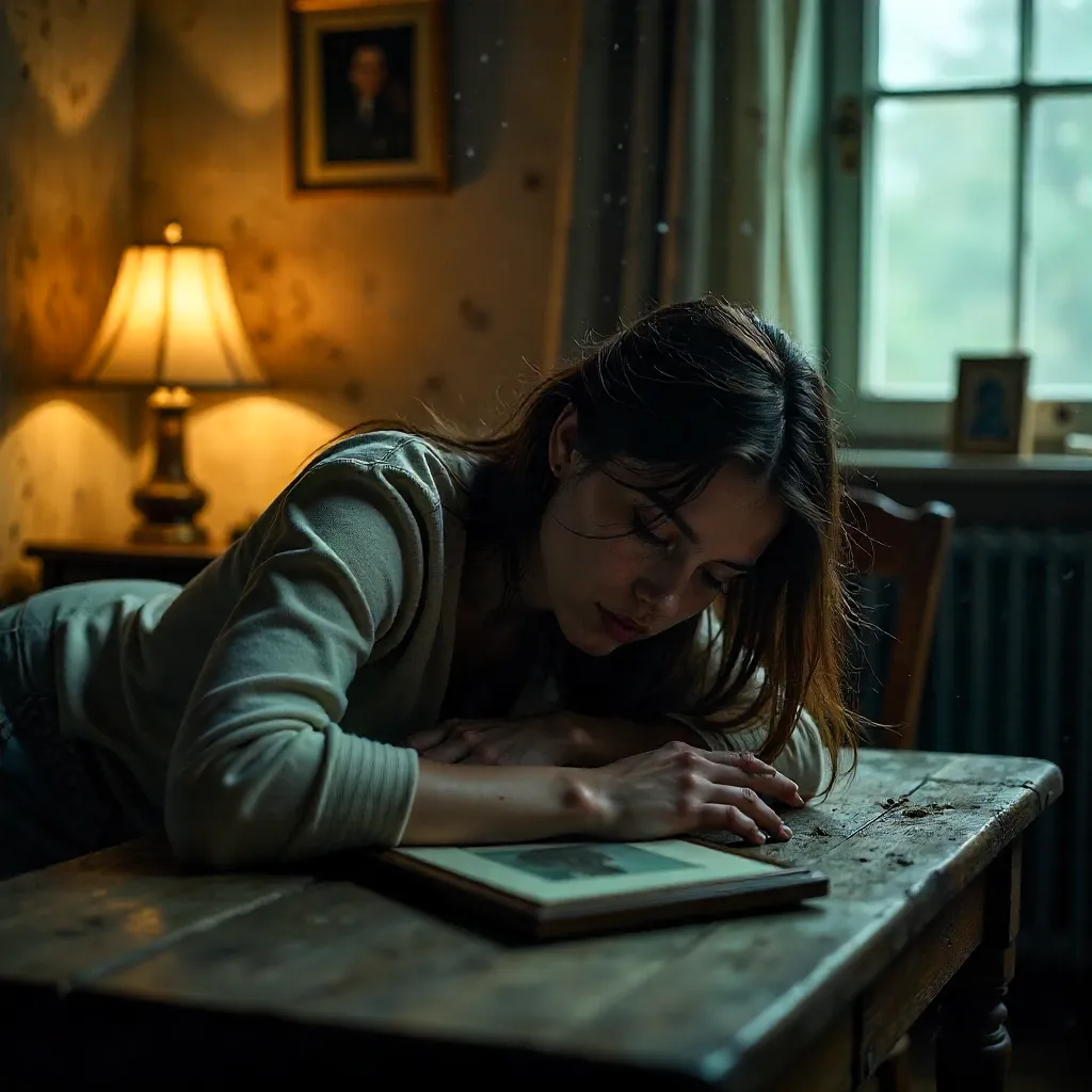 Woman in Distress on a Weathered Wooden Table