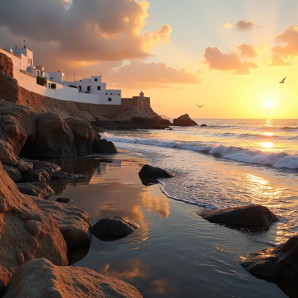 Essaouira Sunset: Rocky Coastline and Tranquil Seascape