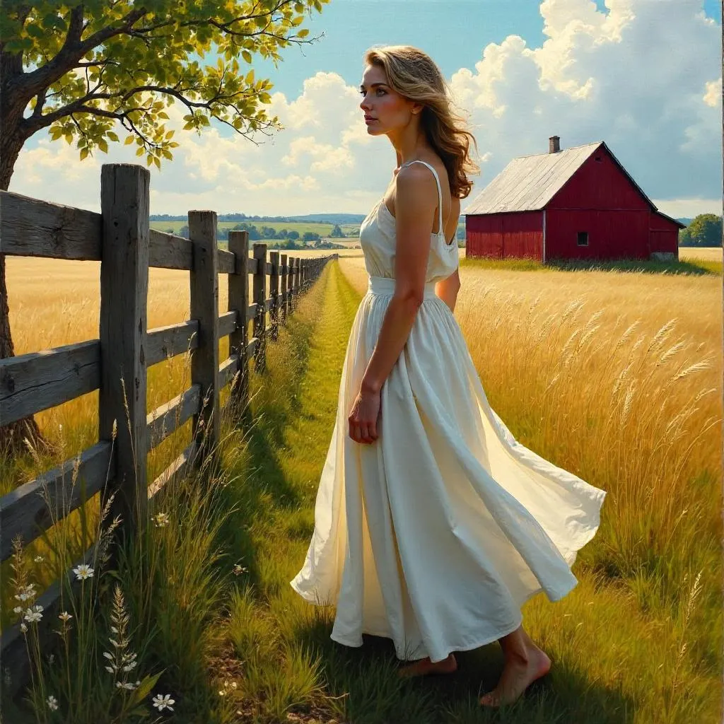 Elegant Caucasian Woman on a Rustic Farm – Oil Portrait
