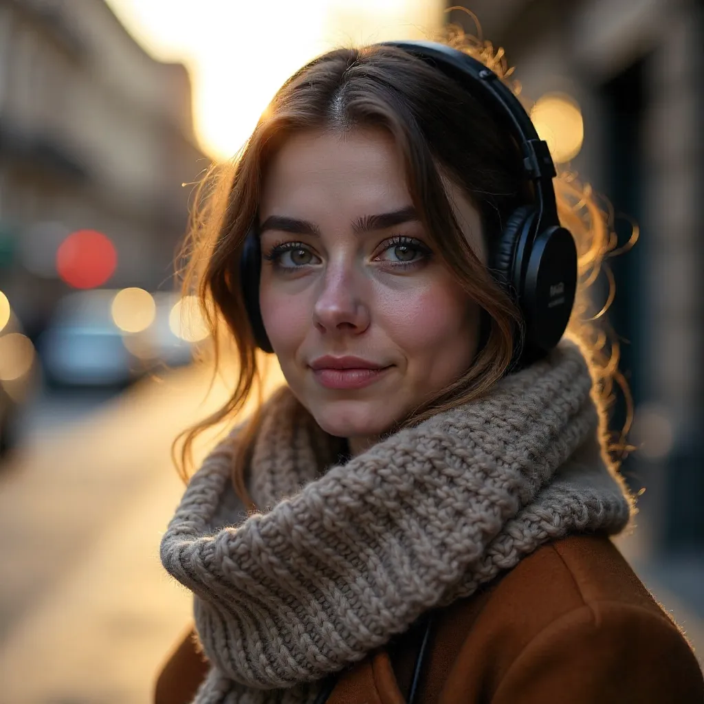 Autumn Portrait: Woman in Scarf and Headphones Outdoors
