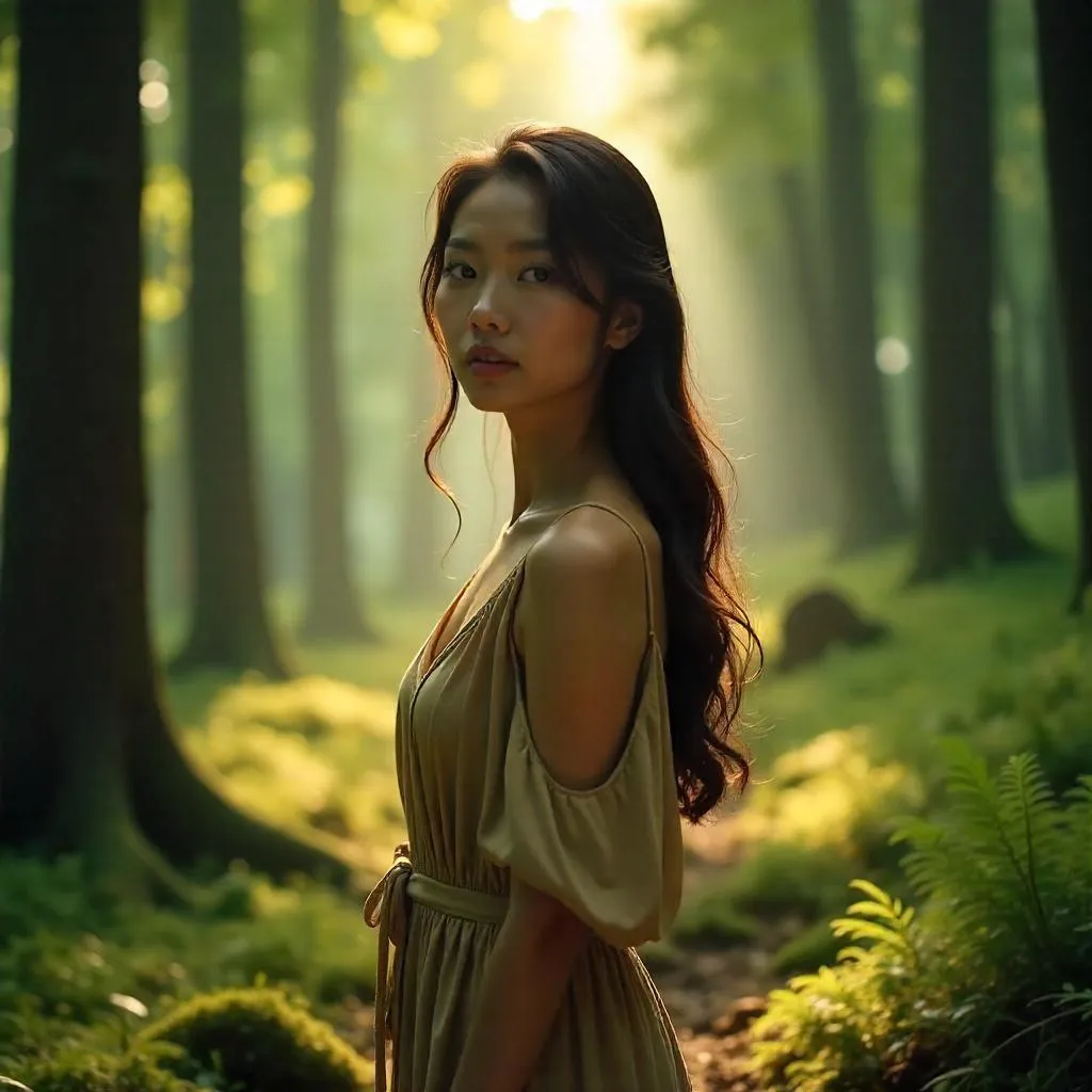 Photorealistic Portrait of a Beautiful Asian Woman in a Forest