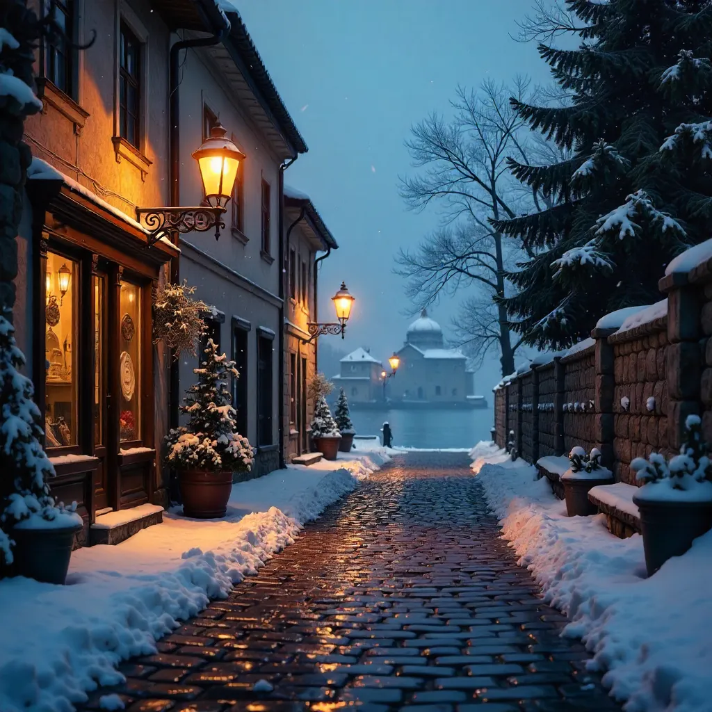 Glowing Street Lamps Over a Tranquil Ohrid Winter