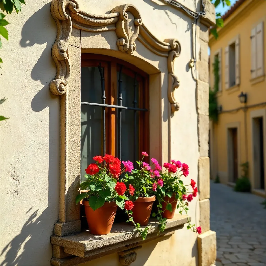 Ornate Window with Flowers in Aix-en-Provence