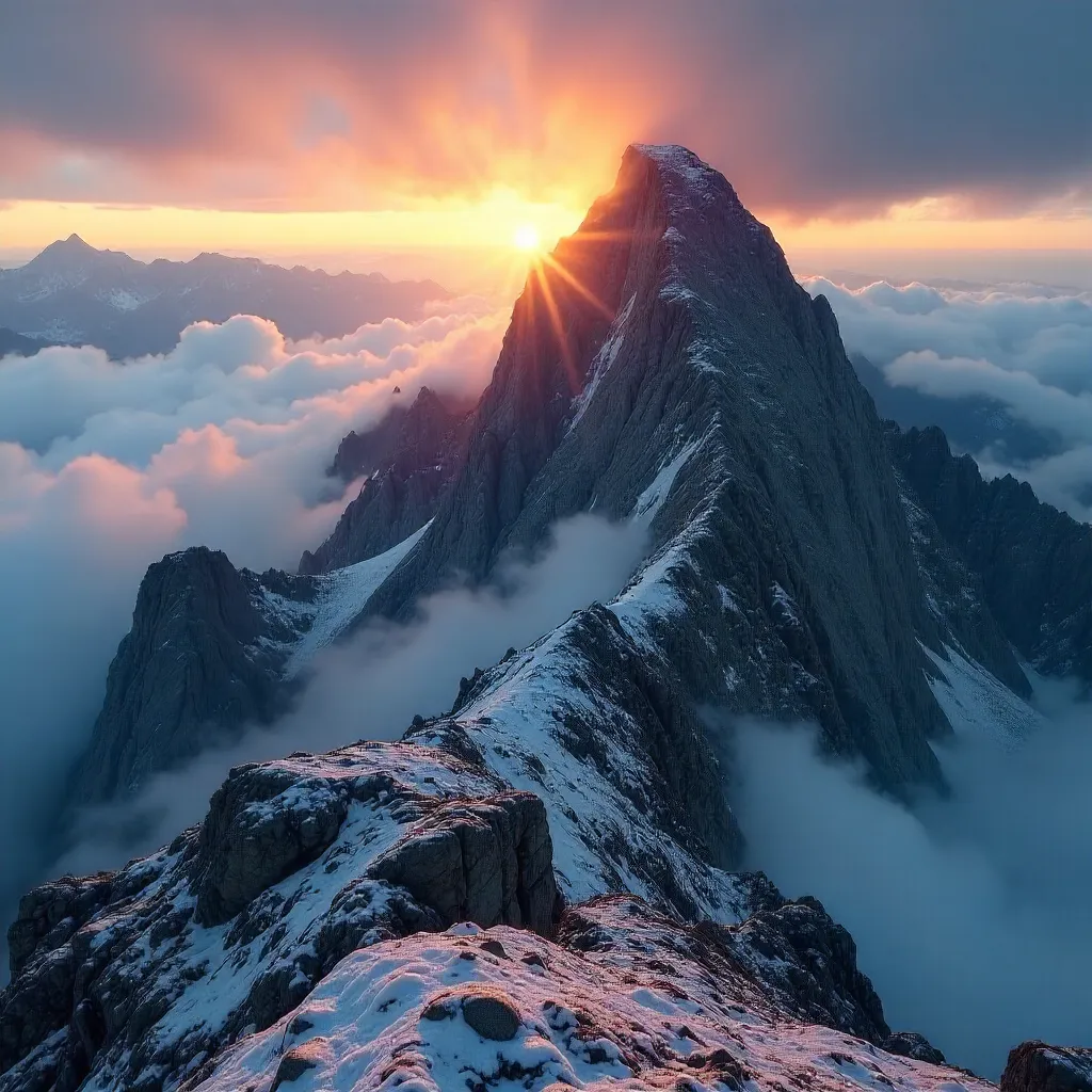 Mist-Laced Sunrise Over a Rocky Mountain Summit