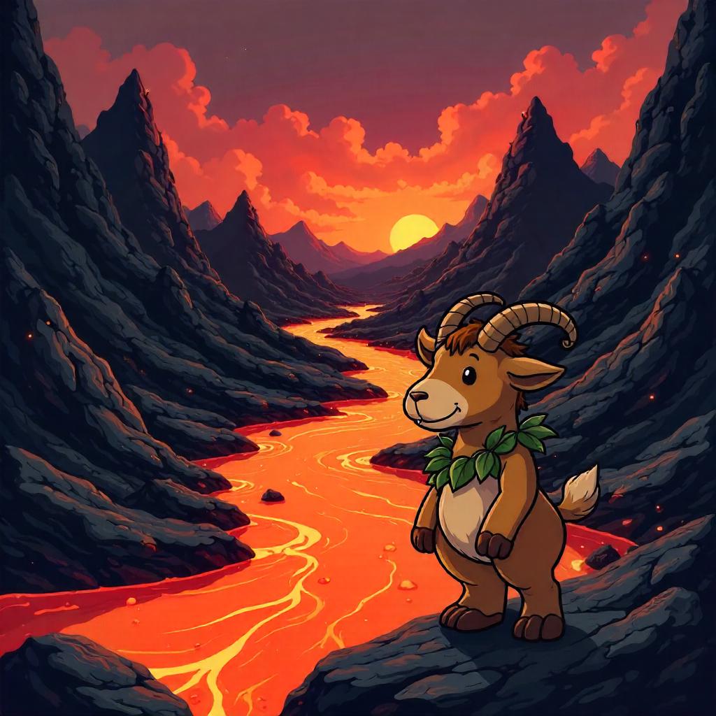 Playful Cartoon Satyr by a Luminous Lava Flow