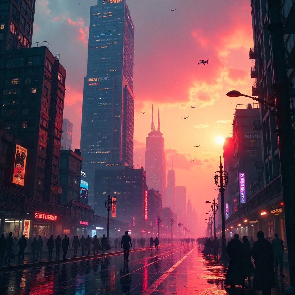 Dawn Neon Rise on a Cyberpunk Skyscraper